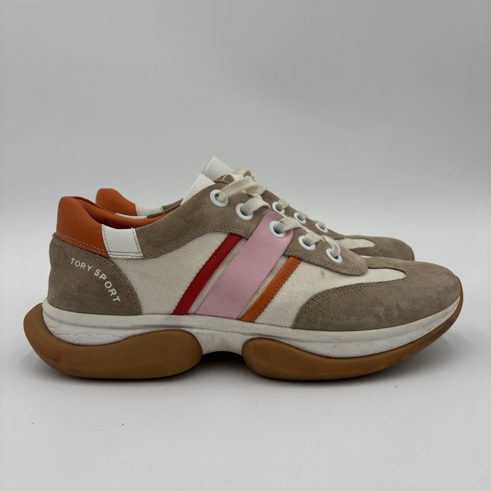 Tory Burch Sport Bubble Stripe Lace-up Sneakers White Pink Tan Suede Size 9